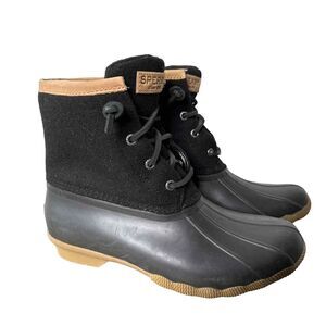 Sperry Rubber Duck Boots 7.5 Warm Wool Waterproof LaceUp Rain Snow Casual Black
